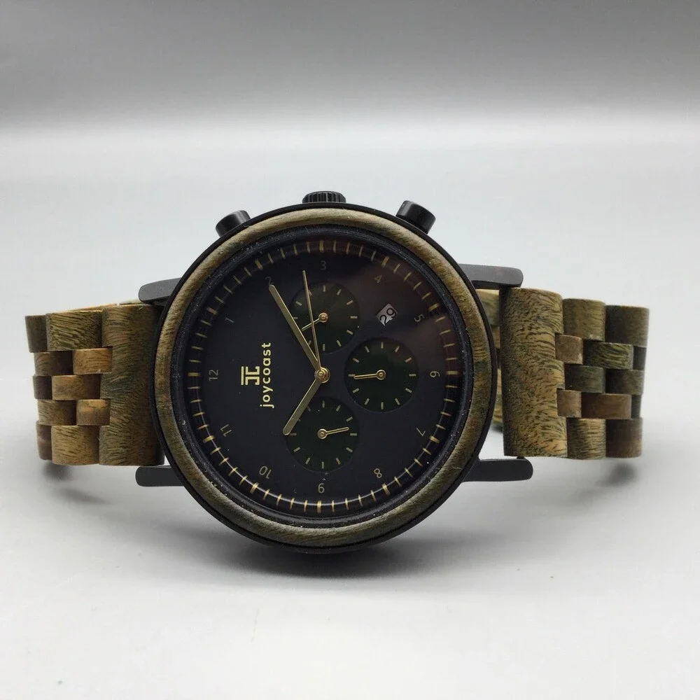 Joycoast Green Sandalwood Chronograph Mens Watch 44mm Wood Date New Battery 8
